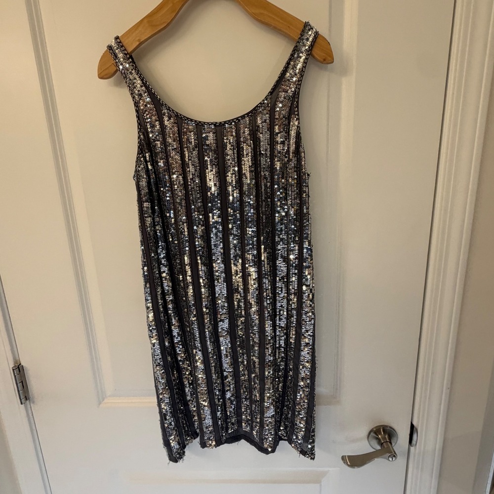Haute Hippie Silk‎ Sequin Striped Mini Dress Charcoal Silver Bronze XS RN125324